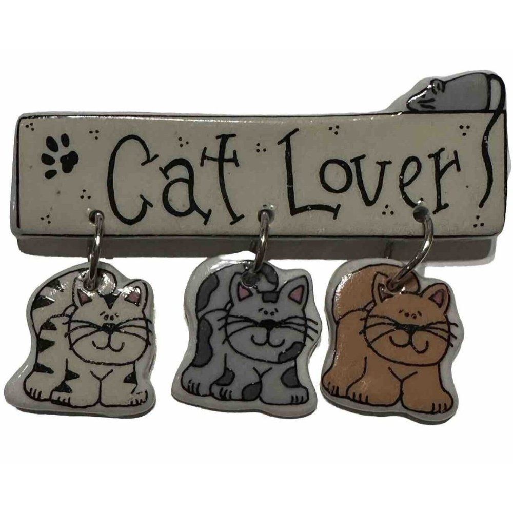 Ceramic Cat Kitten Lover Pin Brooch  dangling cat charms mouse Paw Print